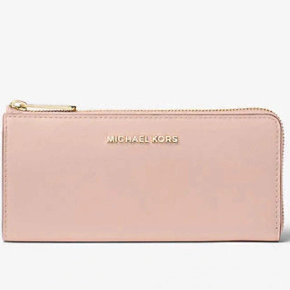 MICHAEL KORS Jet Set Travel Leather Quarter-Zip Wallet Soft Pink AUTHENTIC NWT